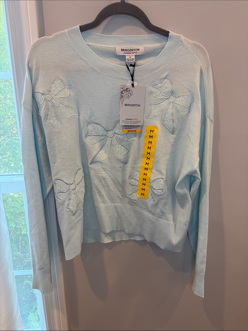 Bridgerton light blue crew  Pale Blue Bow-Appliqué Crewneck Sweater